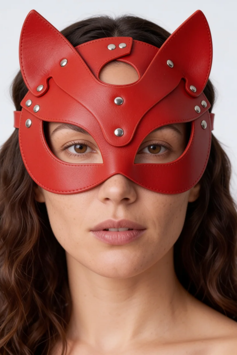 Model wearing leather cat ear design costume mask in red, alternate view