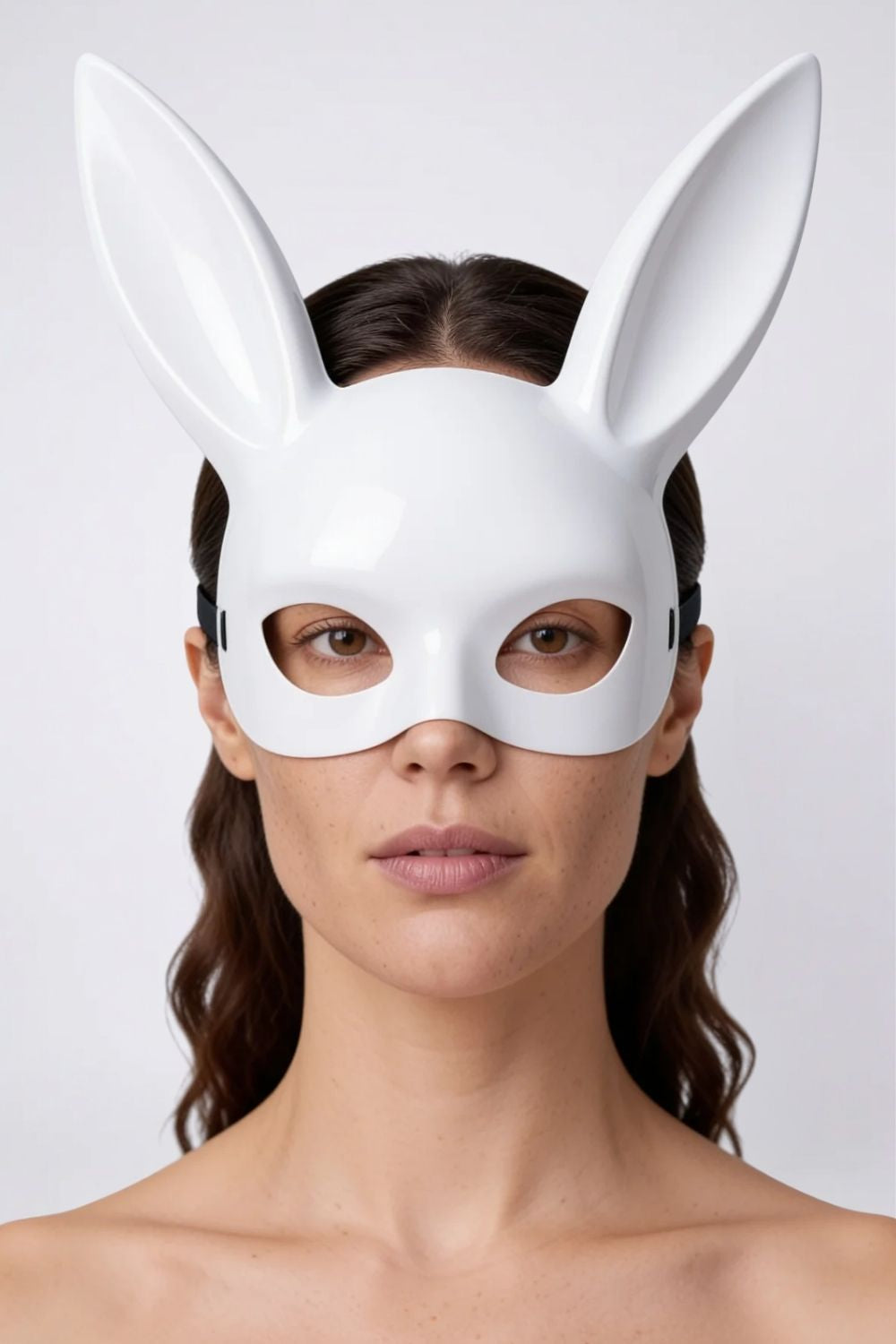 Model wearing long ear full-face costume mask in white