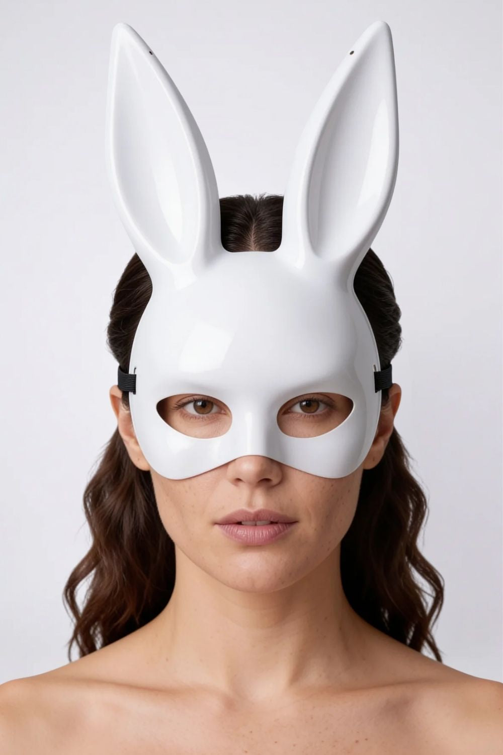 Model wearing long ear full-face costume mask in white, hard finish