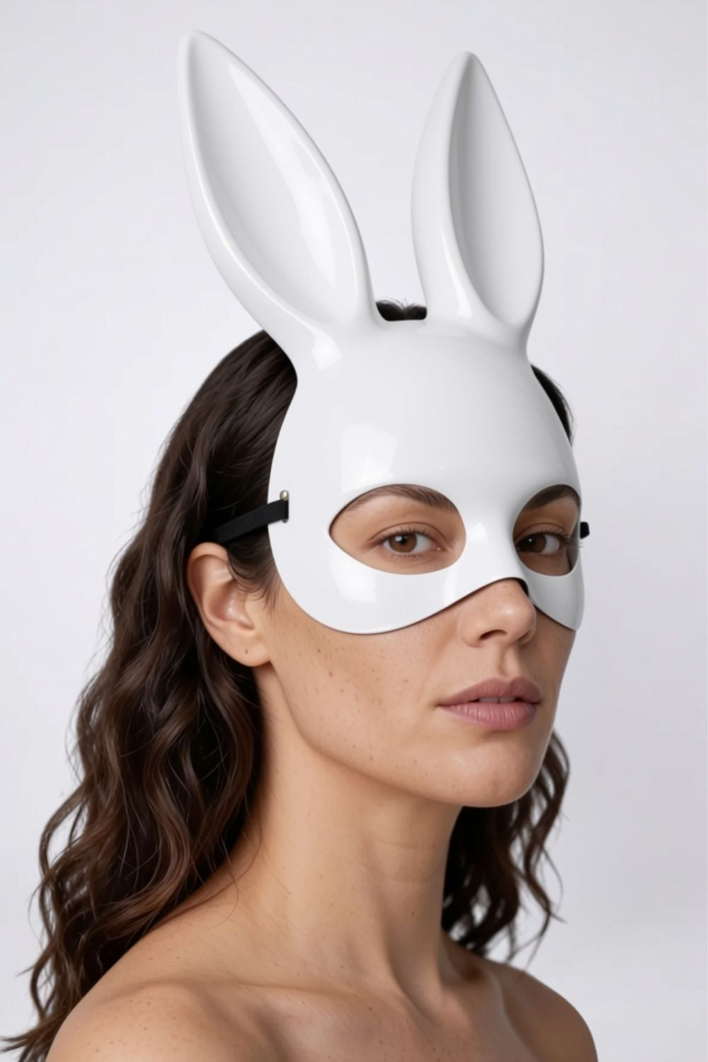 Model wearing long ear full-face costume mask in white, hard finish, alternate view