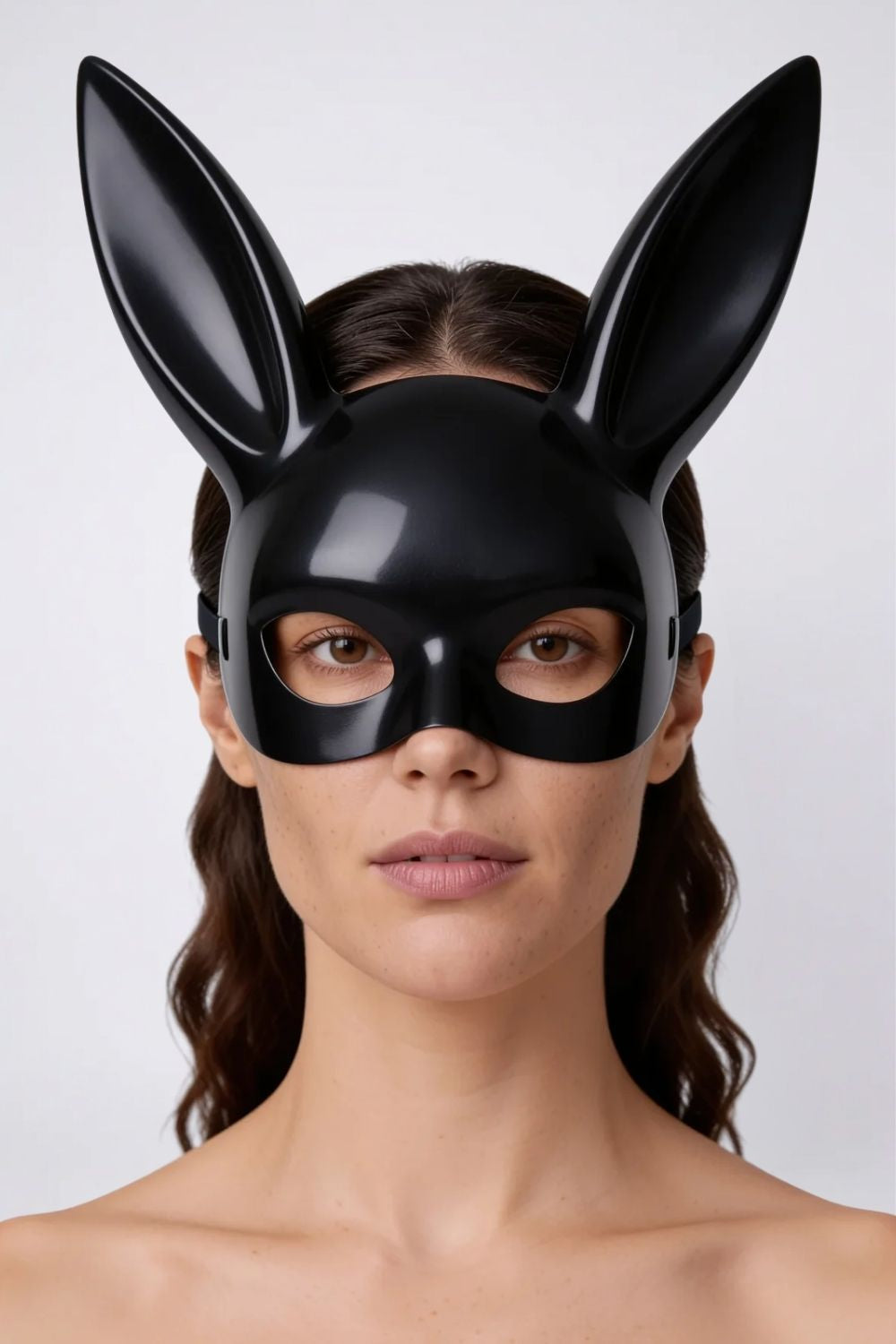 Model wearing long ear full-face costume mask in black