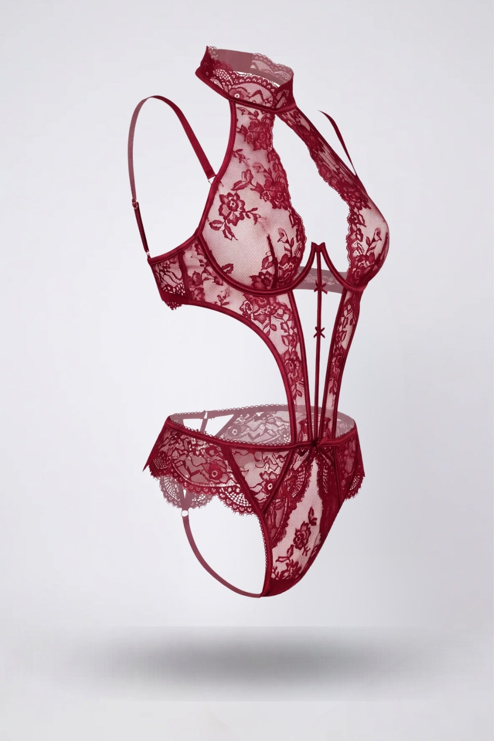 Cutout floral lace teddy bodysuit in red