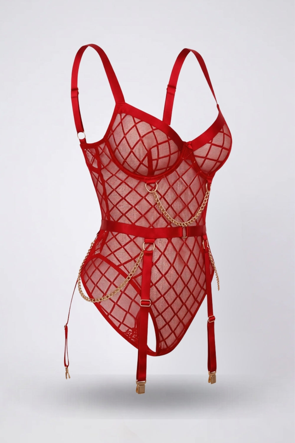 fishnet garter teddy bodysuit in red