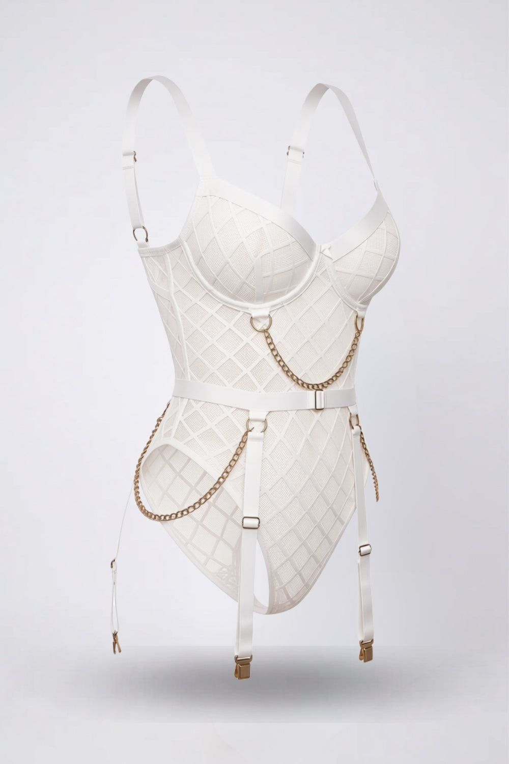 fishnet garter teddy bodysuit in white
