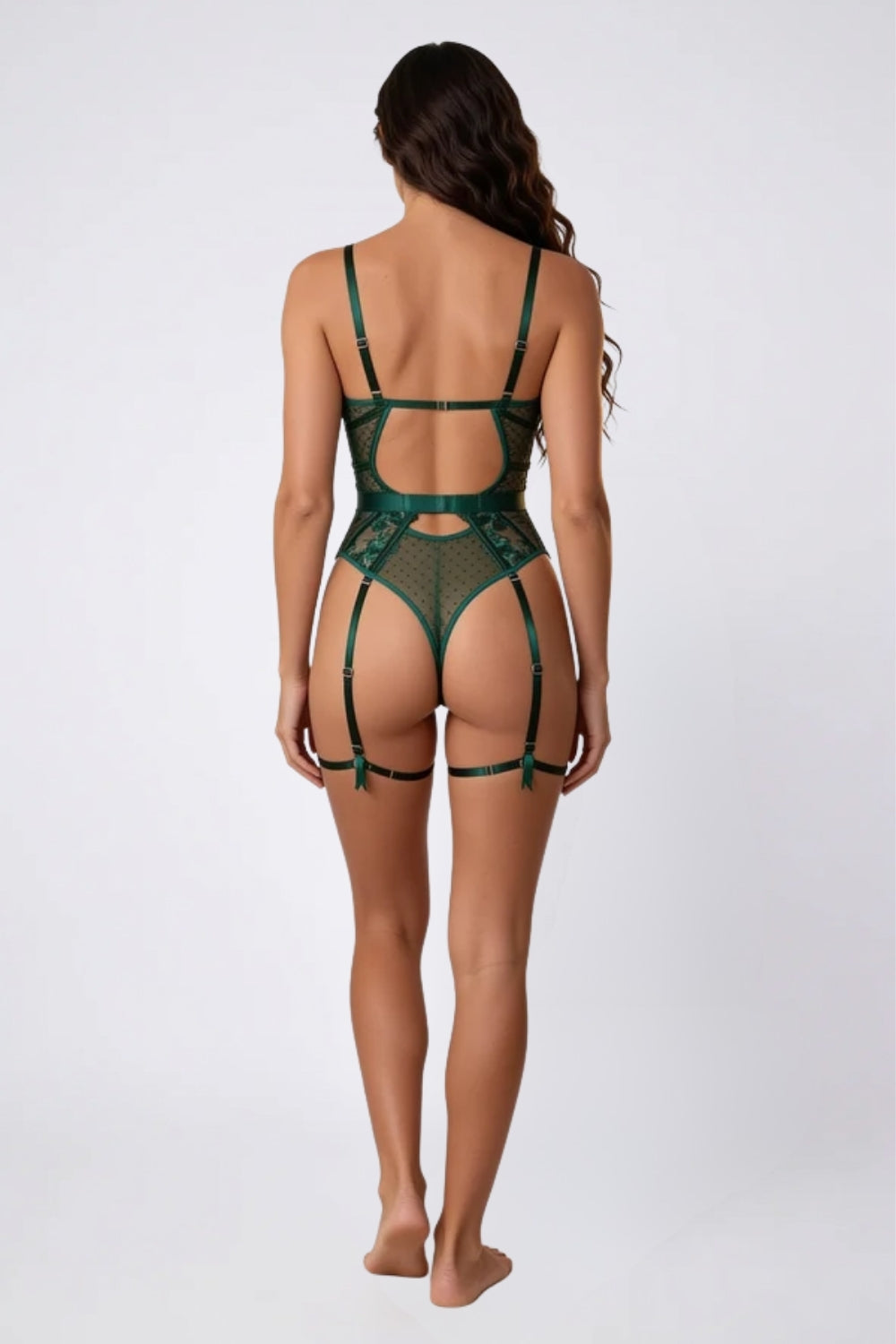 Model wearing floral lace garter detail bodysuit in green, alternate view