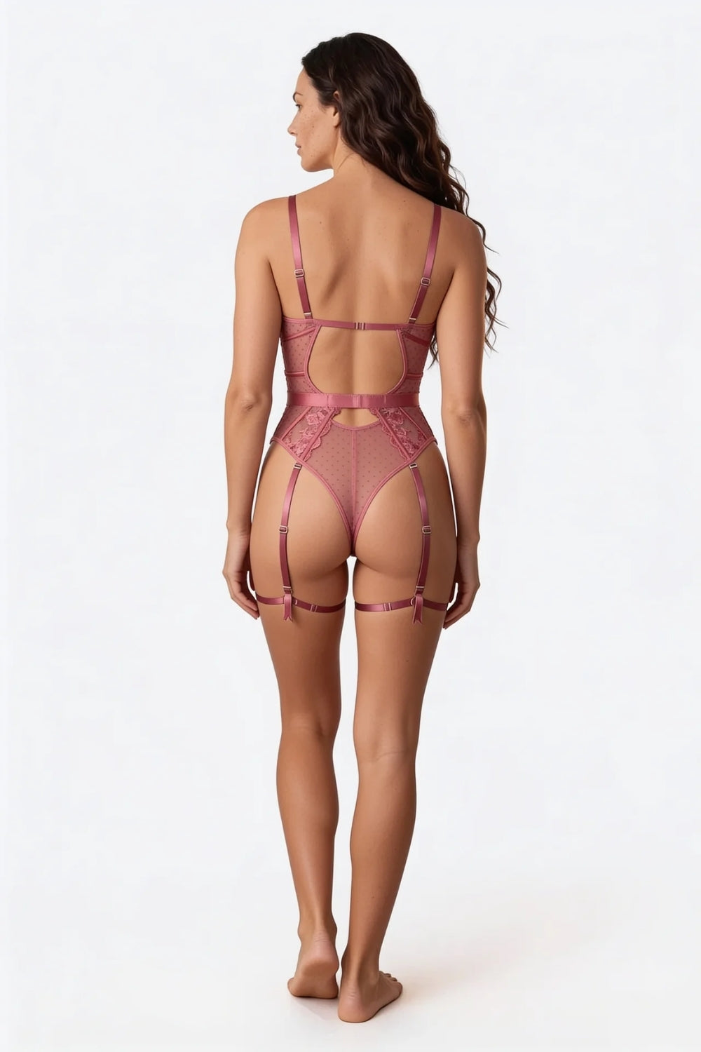 Model wearing floral lace garter detail bodysuit in pink, alternate view