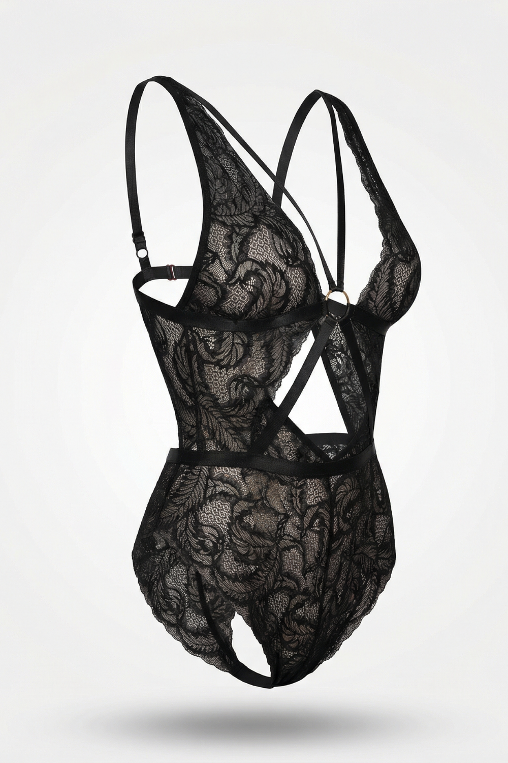 Lace cutout silhouette bodysuit in black #Color_Black