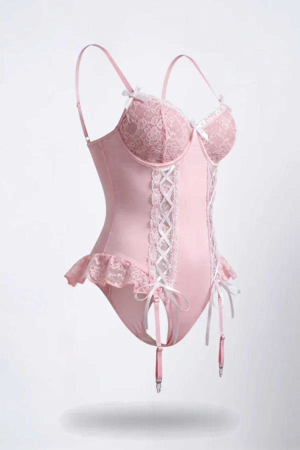 Lace-up bow detail garter bodysuit in pink