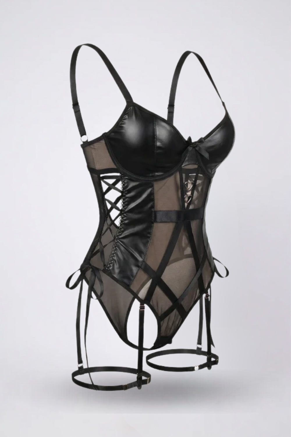 lace-up mesh panel grain effect bodysuit in black