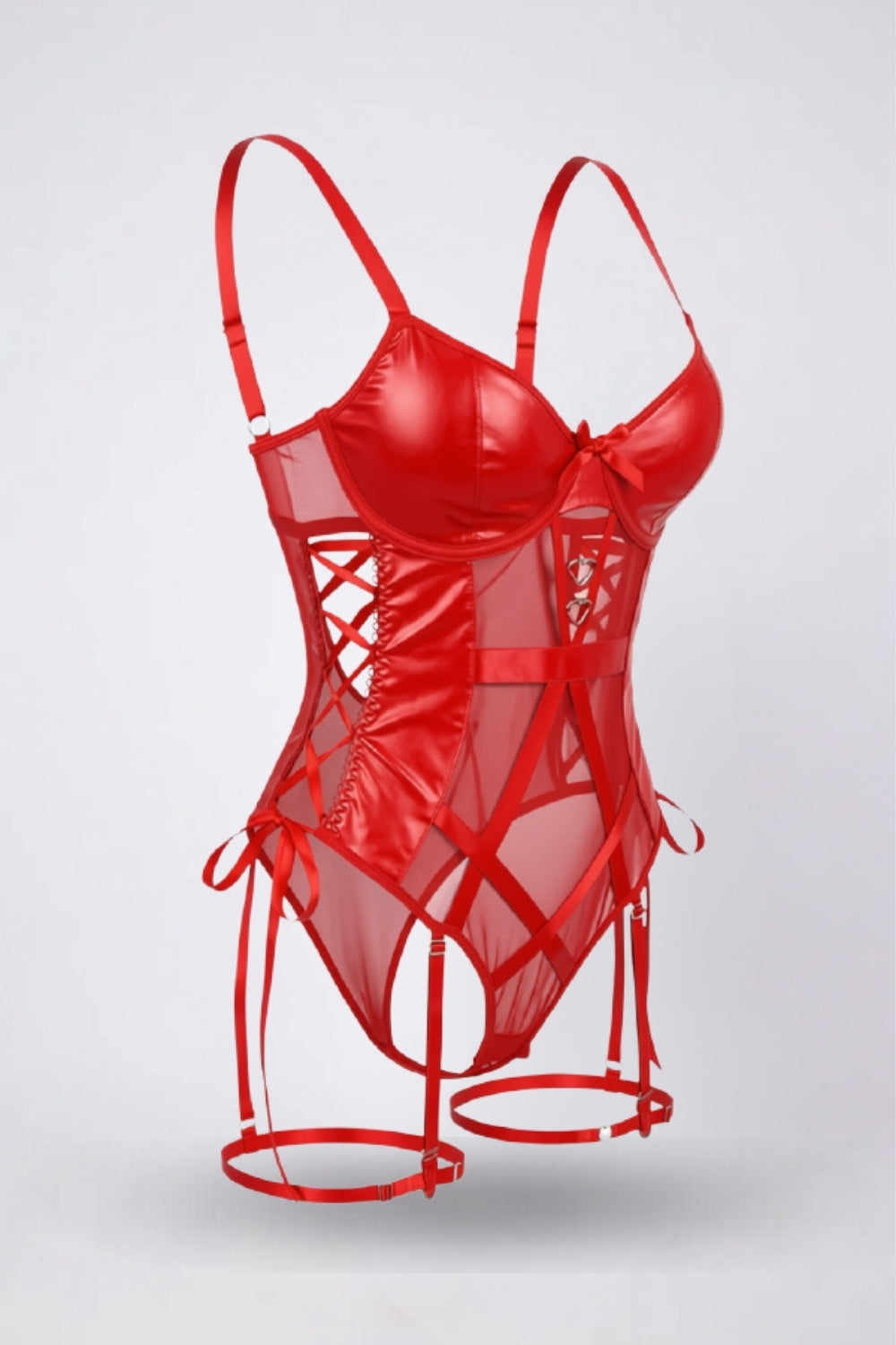 lace-up mesh panel grain effect bodysuit in red #Color_Red