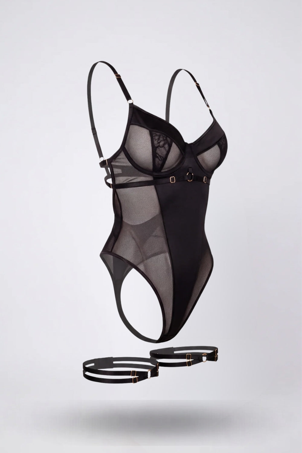 Sheer contour elegance bodysuit set in black #Color_Black