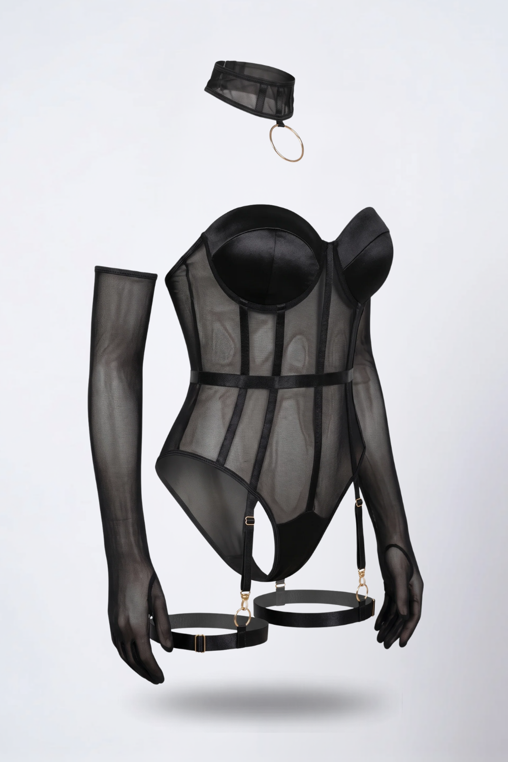 Sheer mesh corset bodysuit in black#Color_Black