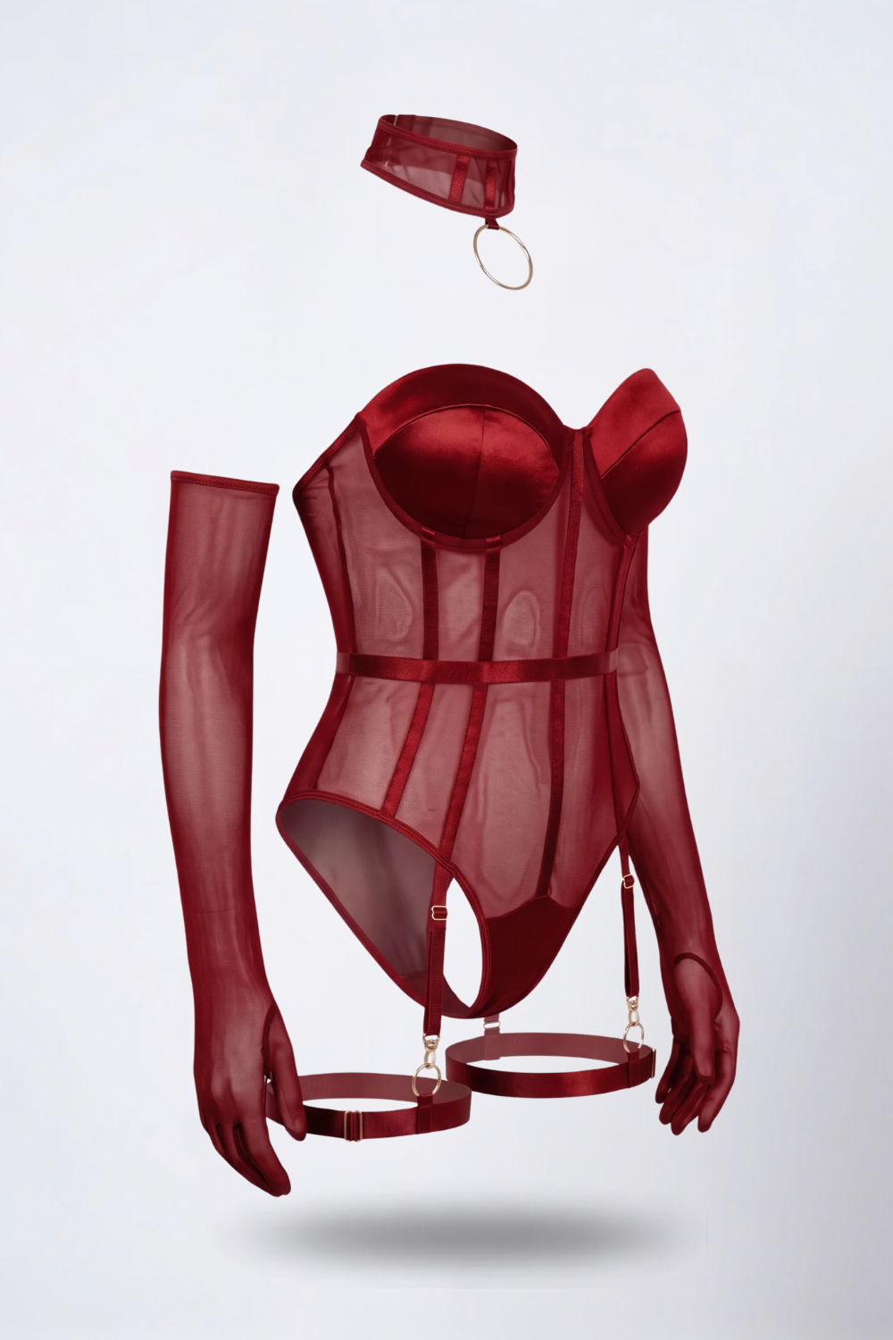 Sheer mesh corset bodysuit in burgundy