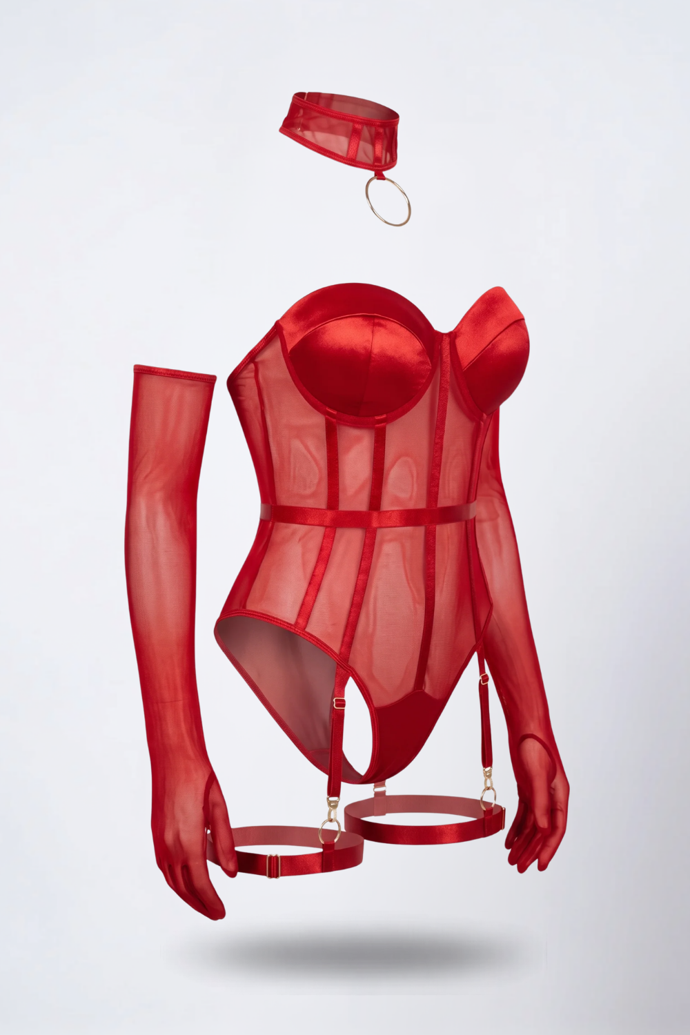 Sheer mesh corset bodysuit in red