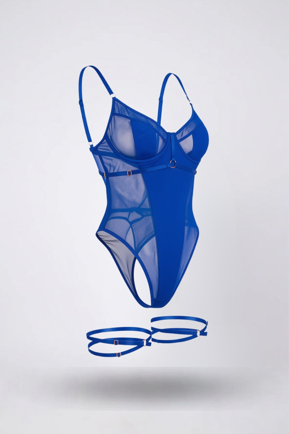 Sheer mesh with strappy detail bodysuit in blue