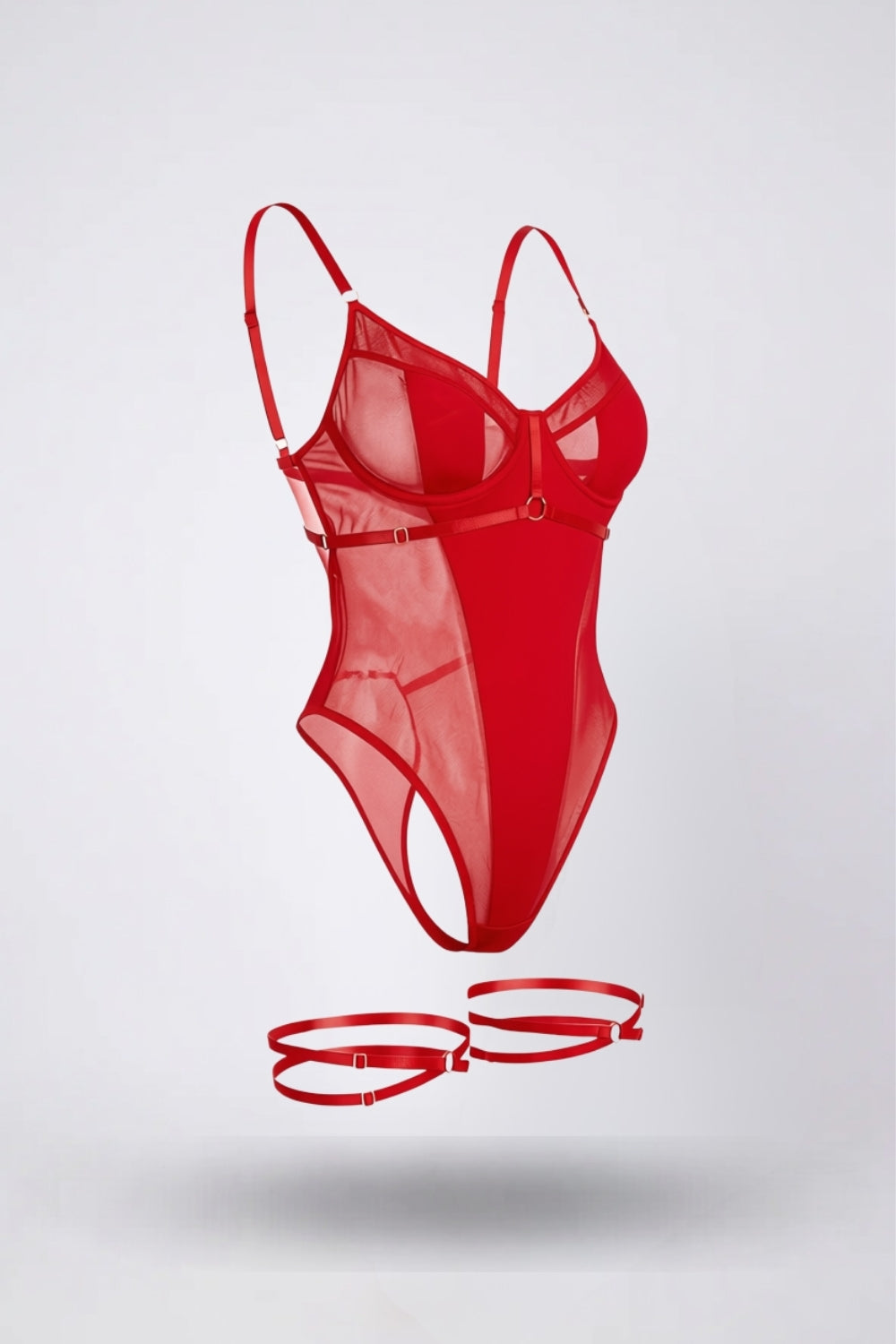 Sheer mesh with strappy detail bodysuit in red