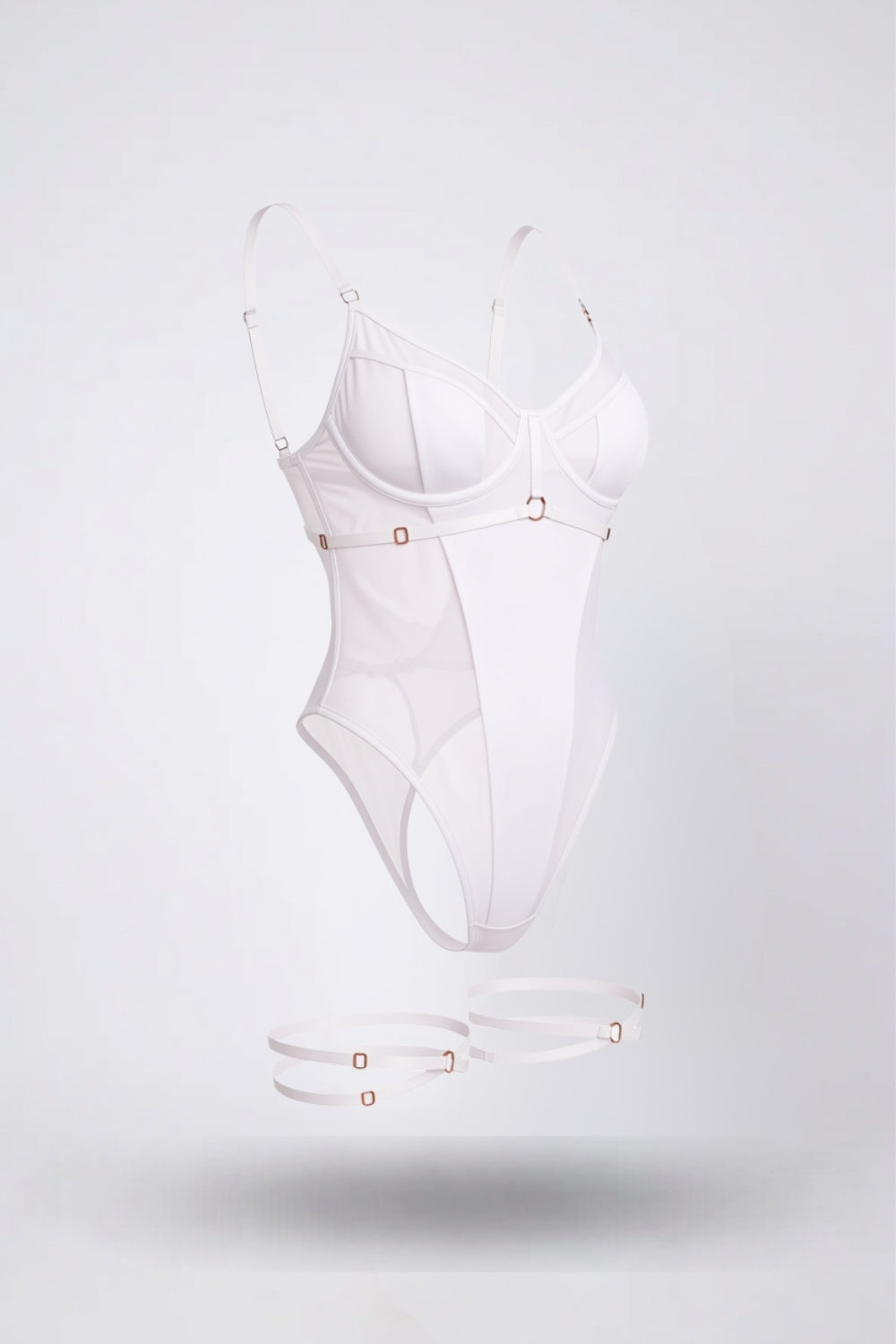 Sheer mesh with strappy detail bodysuit in white