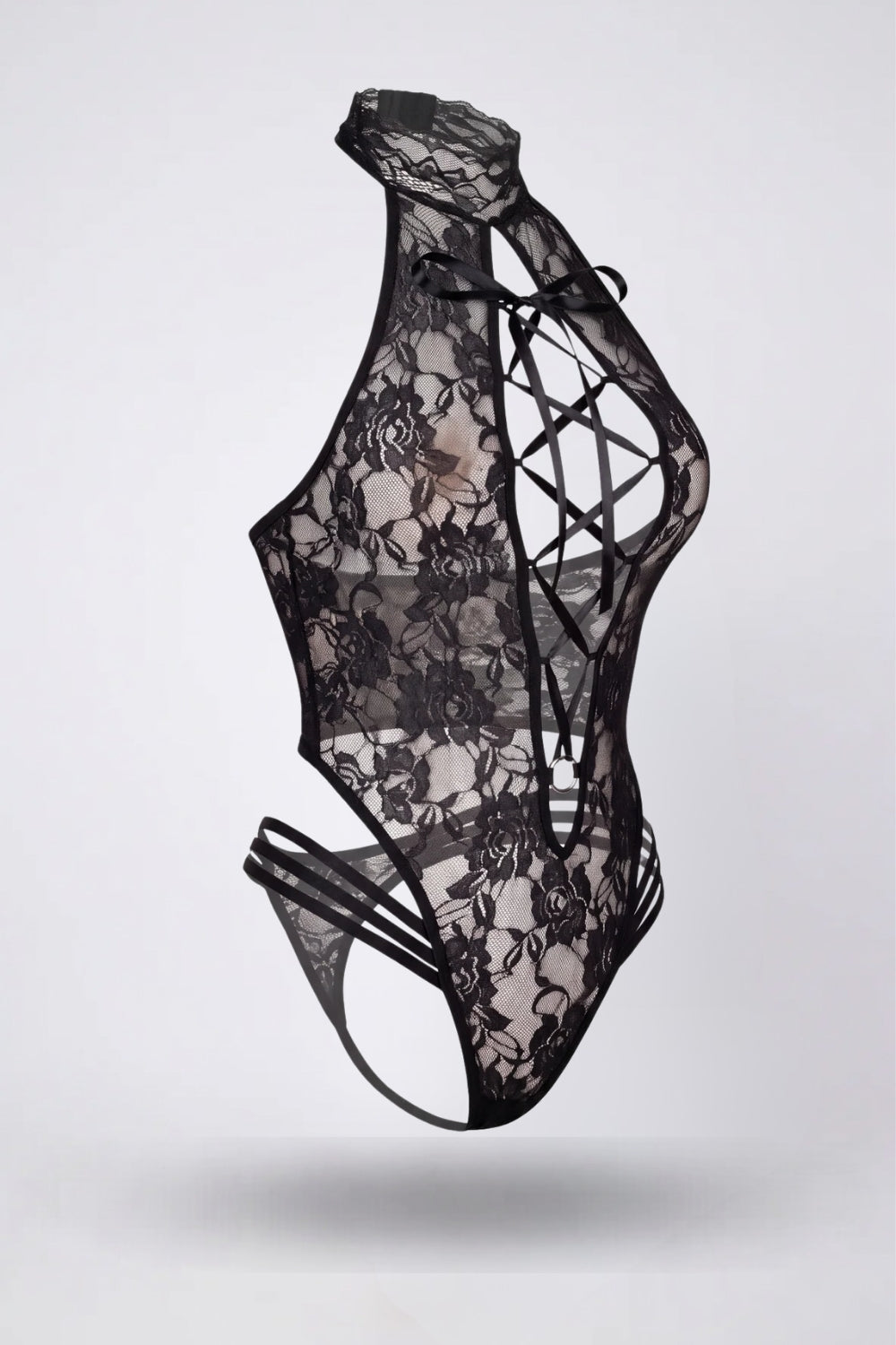 Strappy cutout lace teddy bodysuit in black