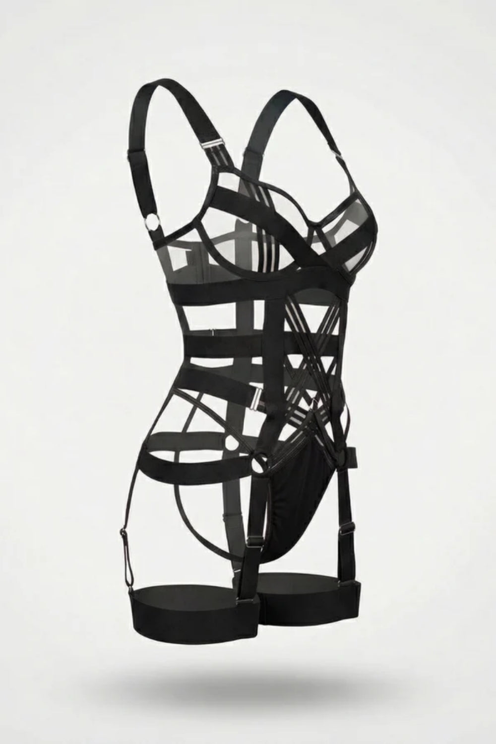 Strappy scarlet statement bodysuit in black