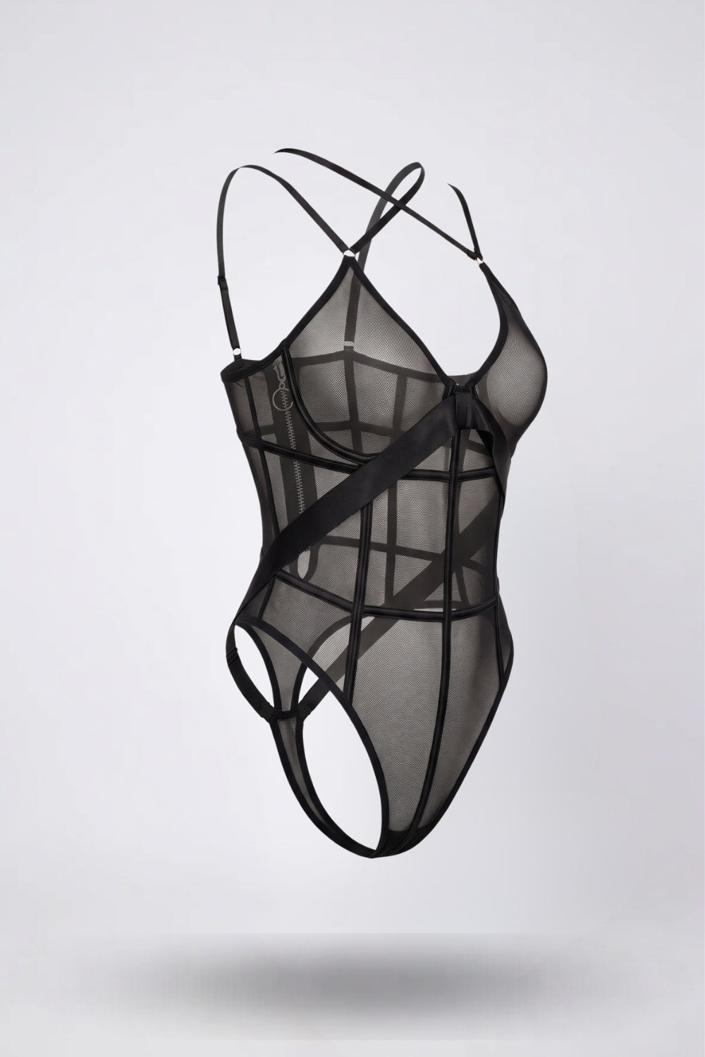 strappy sheer sculpt bodysuit in black