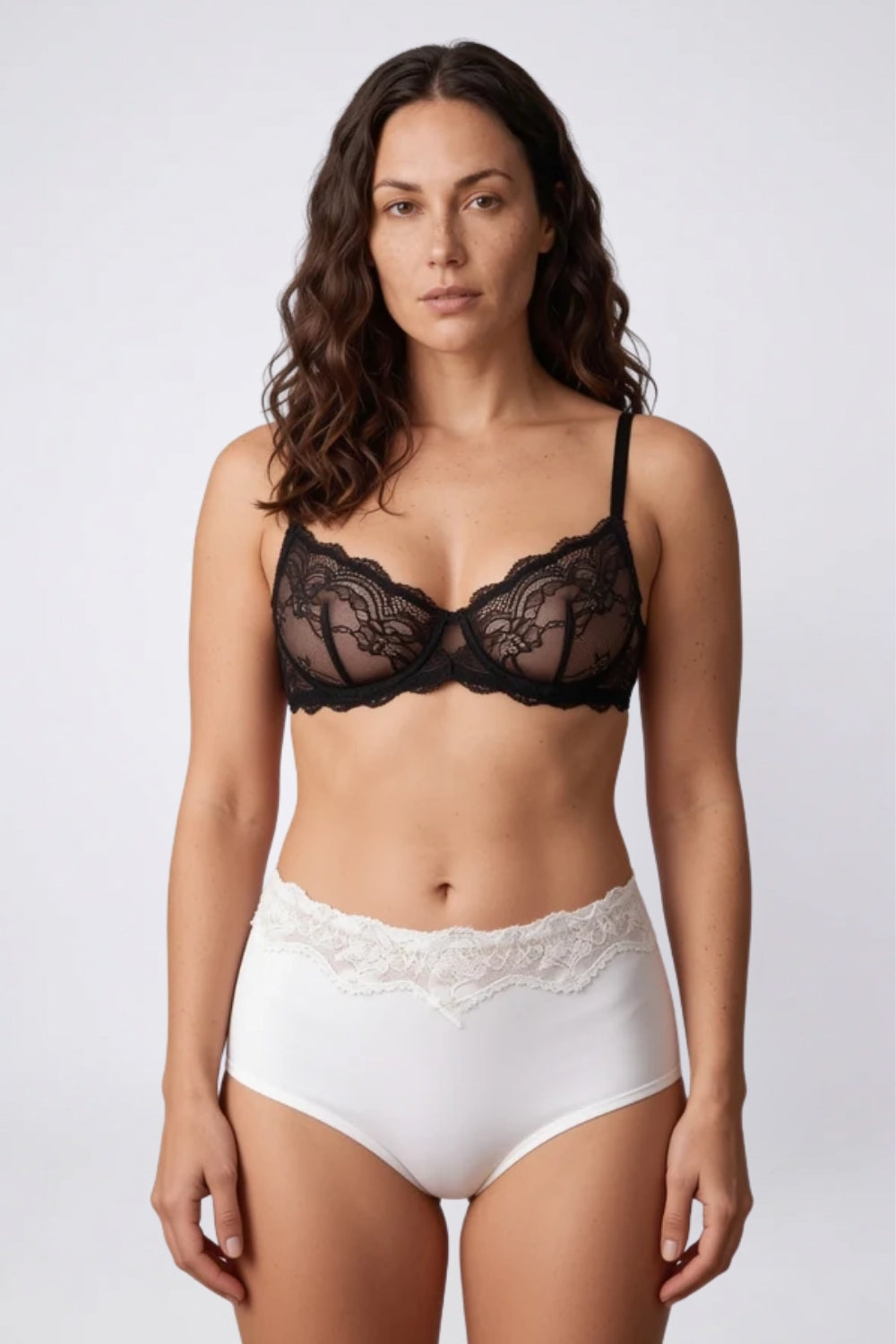 Model wearing delicate lace cotton briefs in white, alternate view#Color_White