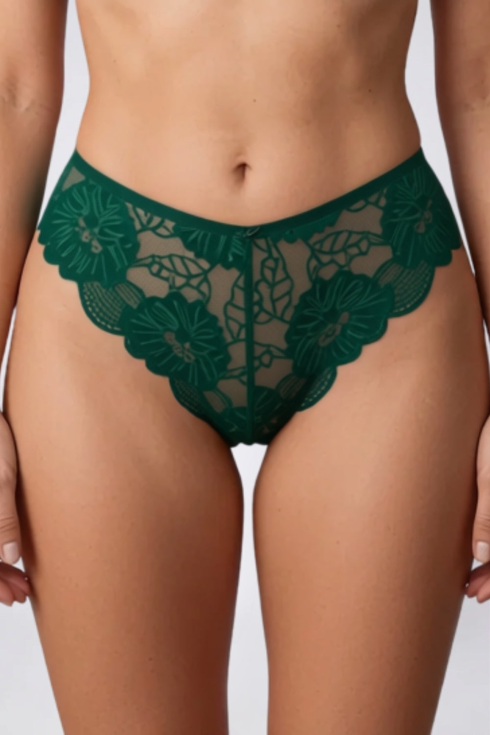 Model wearing floral lace sheer brief in green