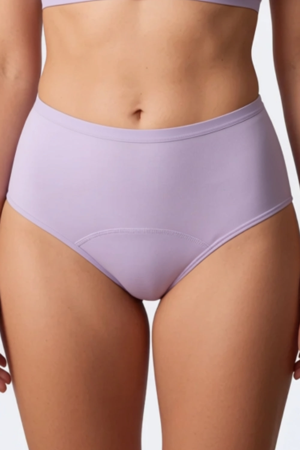 Model wearing high waist mesh cotton lined brief in purple