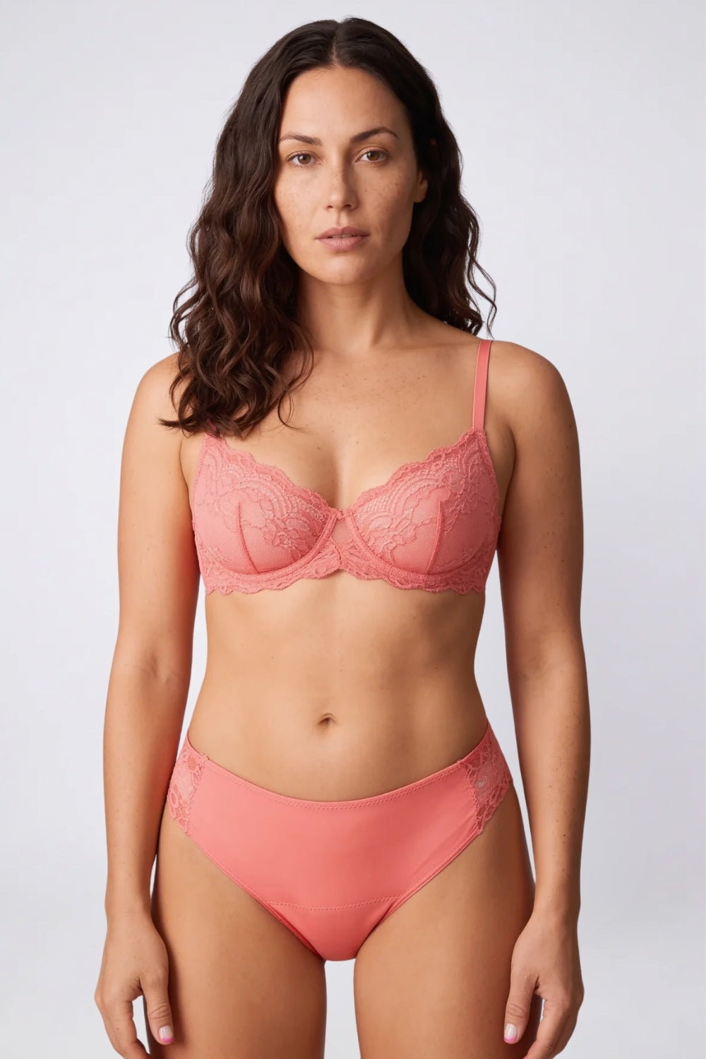 Model wearing lace side mid rise brief in pink, alternate view#Color_Pink