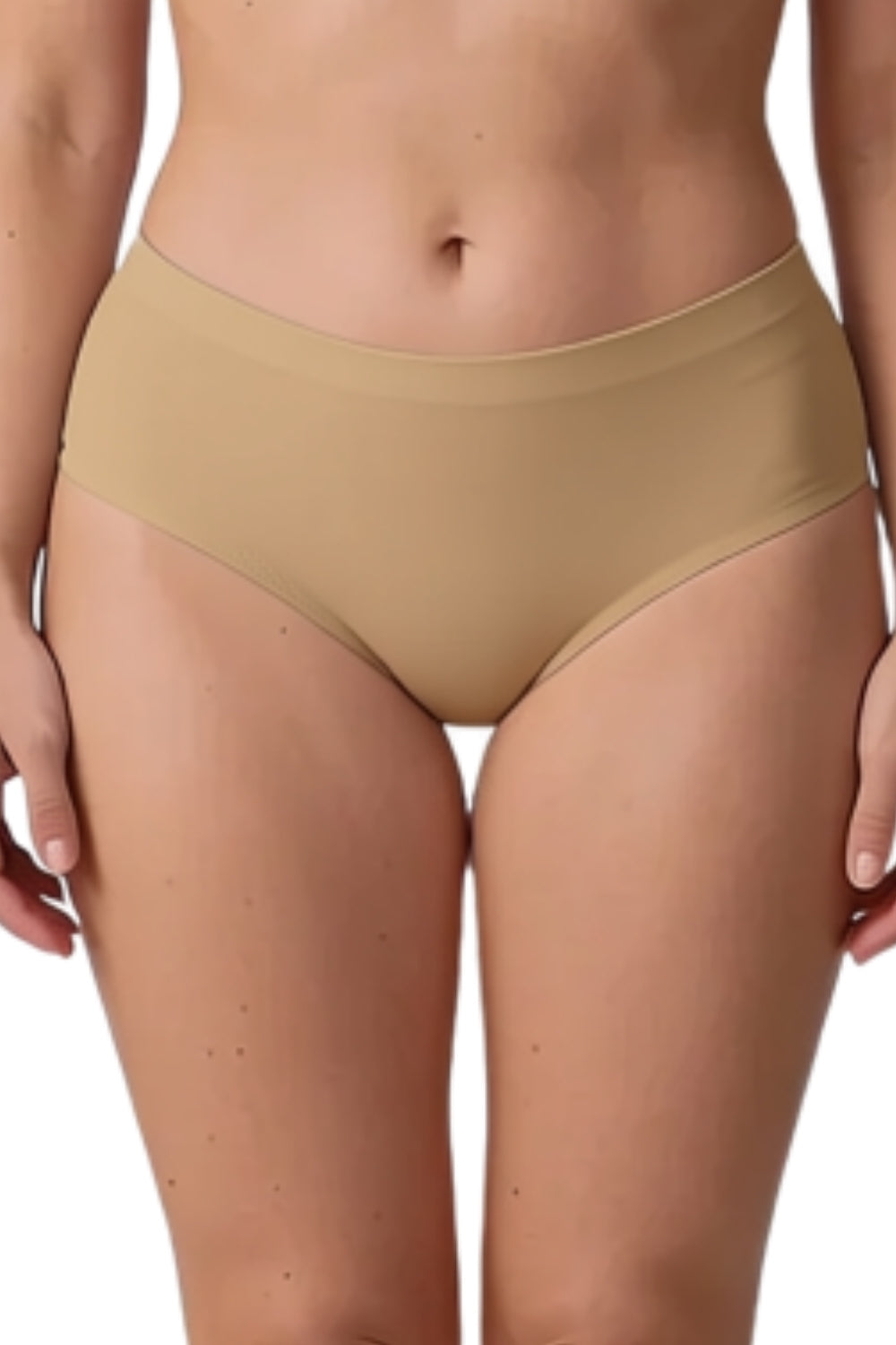Model wearing laser-cut seamless brief in almond