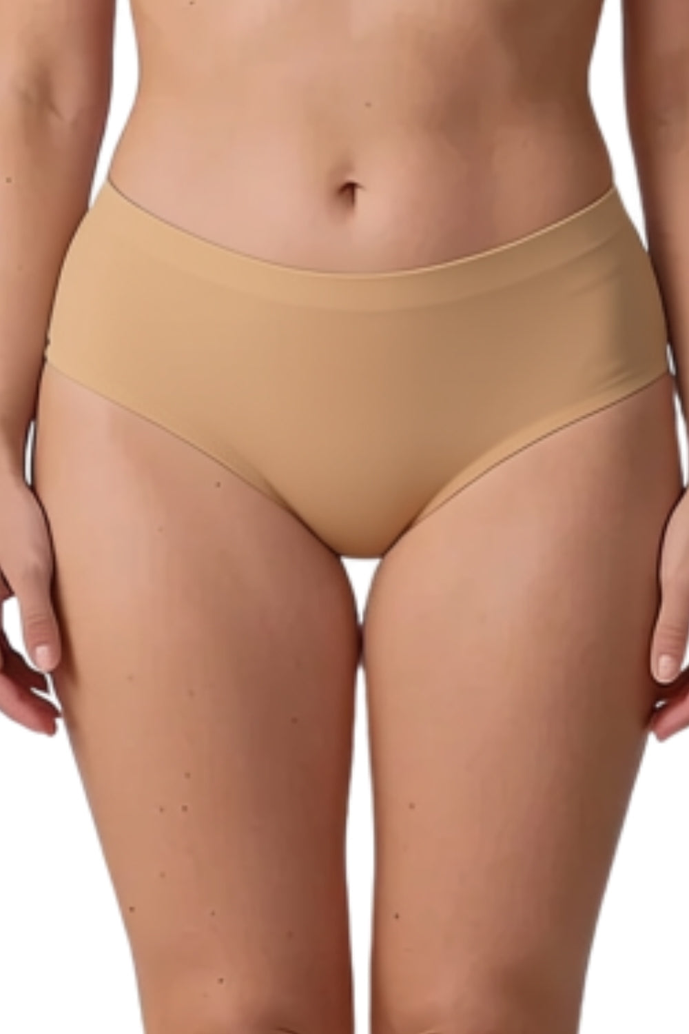 Model wearing laser-cut seamless brief in oat