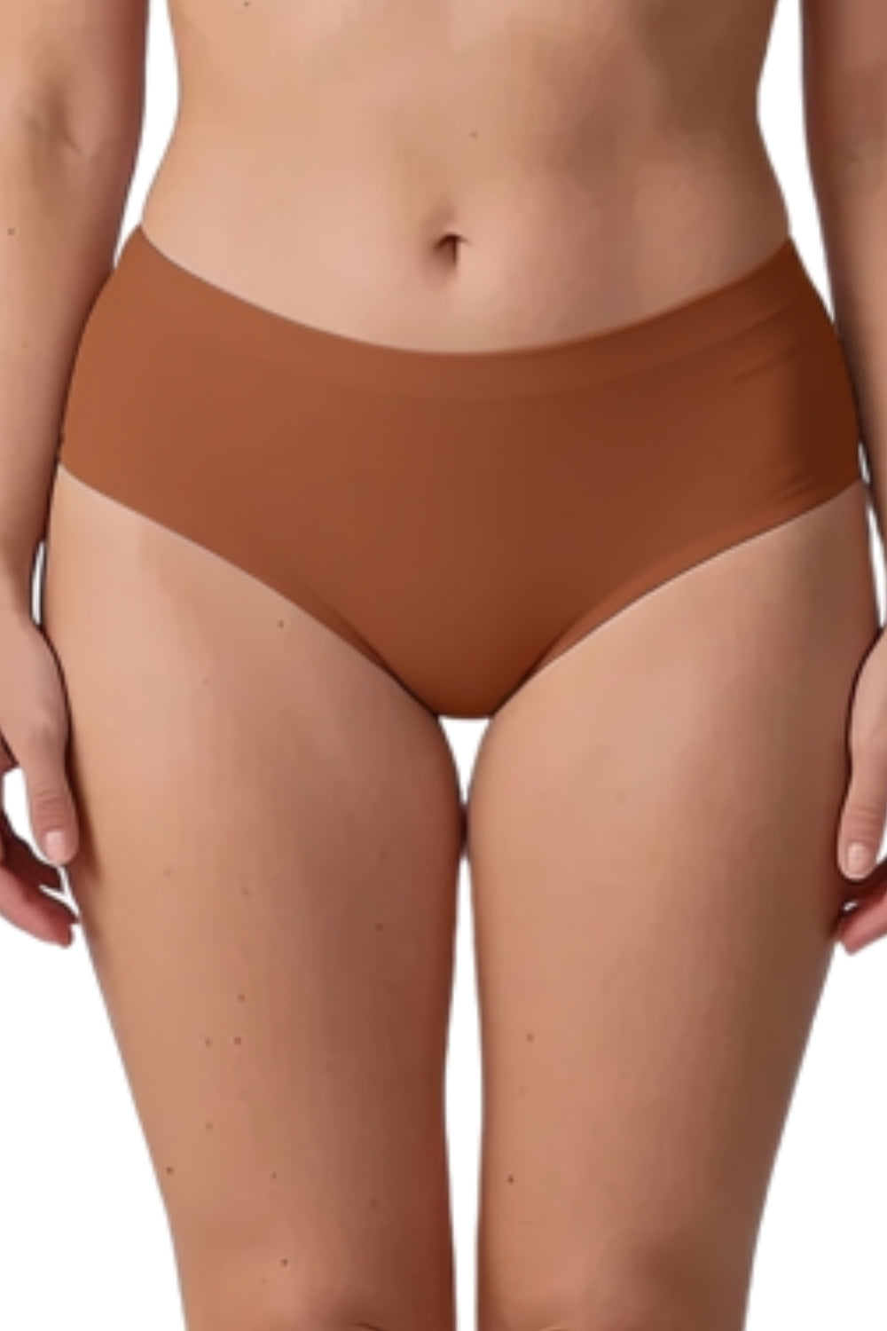 Model wearing laser-cut seamless brief in sienna