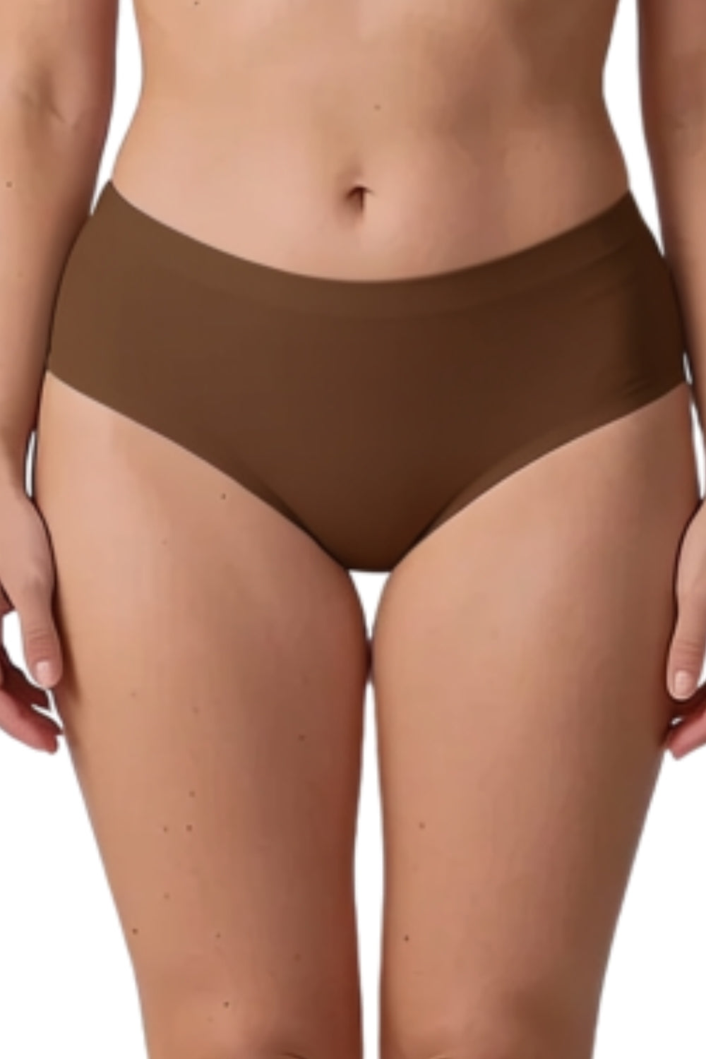 Model wearing laser-cut seamless brief in umber