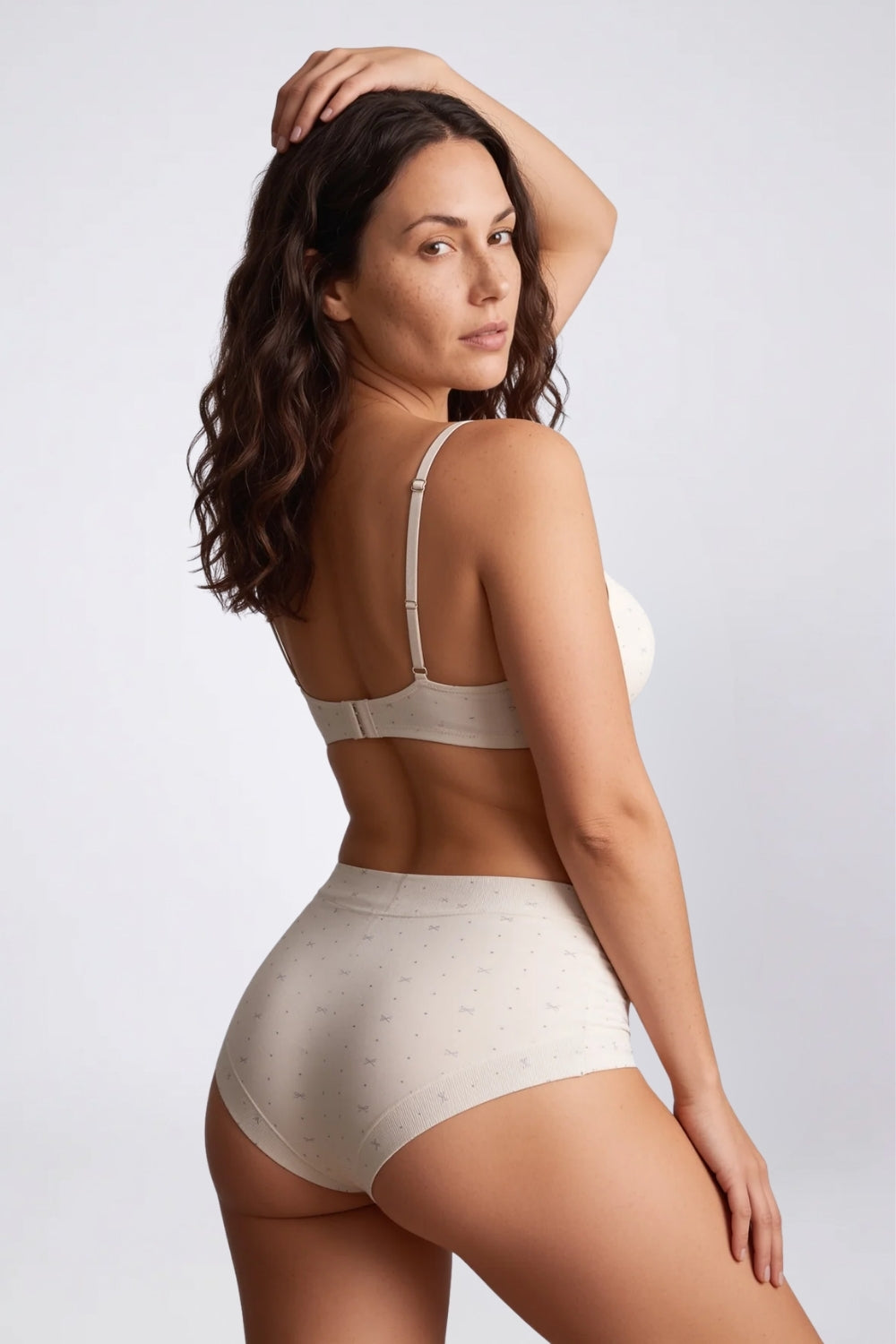 Model wearing printed cotton everyday brief in ivory, alternate view