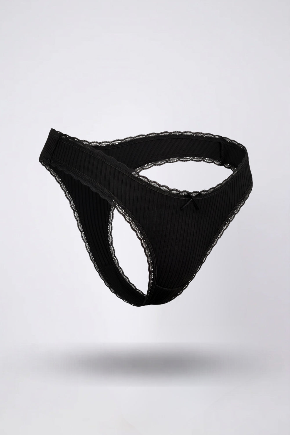 Ribbed lace trim thong in black