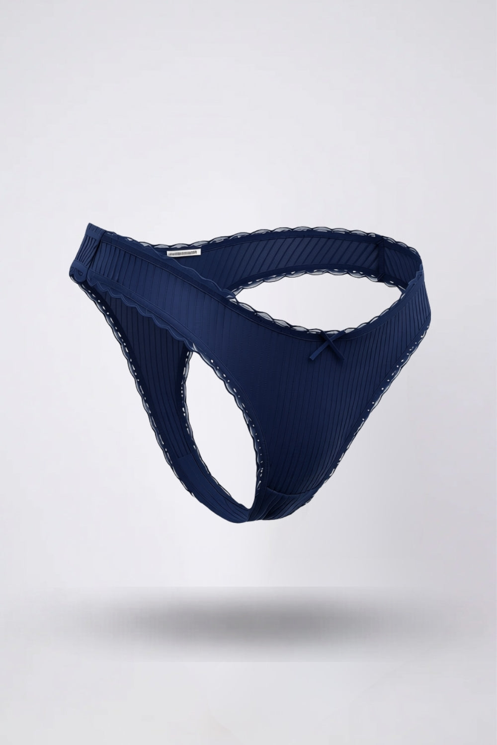 Ribbed lace trim thong in blue