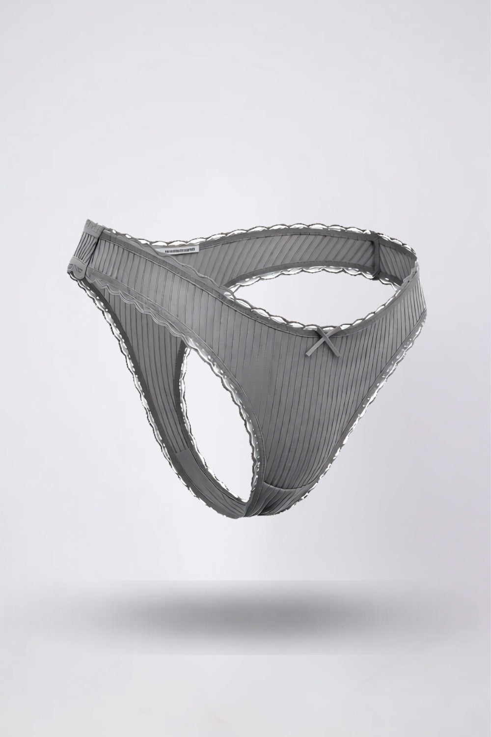 Ribbed lace trim thong in grey