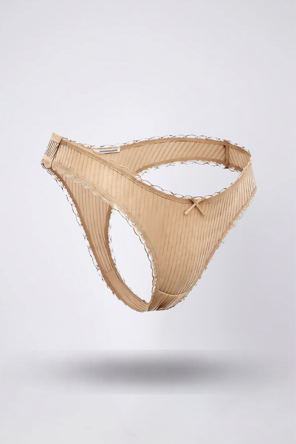 Ribbed lace trim thong in nude