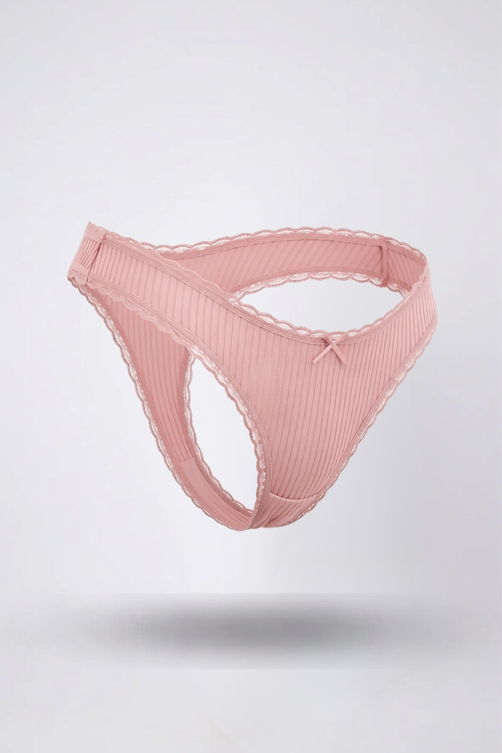 Ribbed lace trim thong in pink