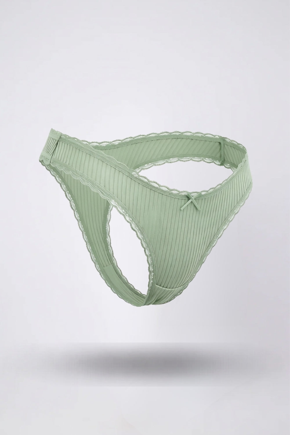 Model wearing ribbed lace trim thong in pink, alternate view