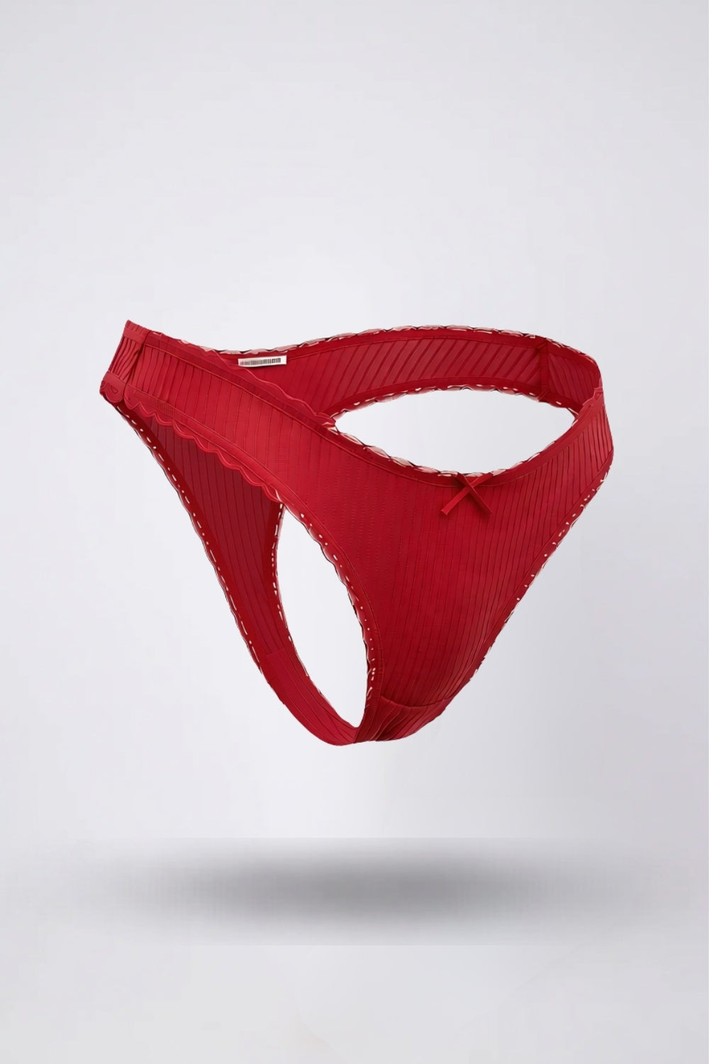 Ribbed lace trim thong in red