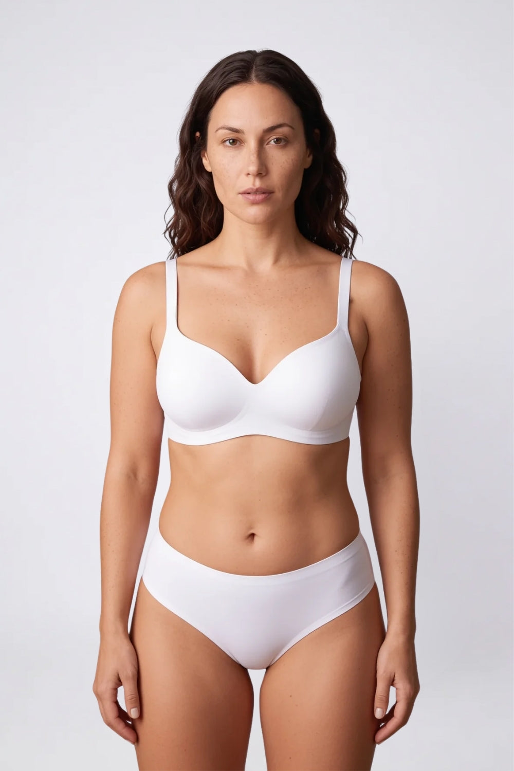 Model wearing wireless molded full-cup bra in white, alternate view#Color_White