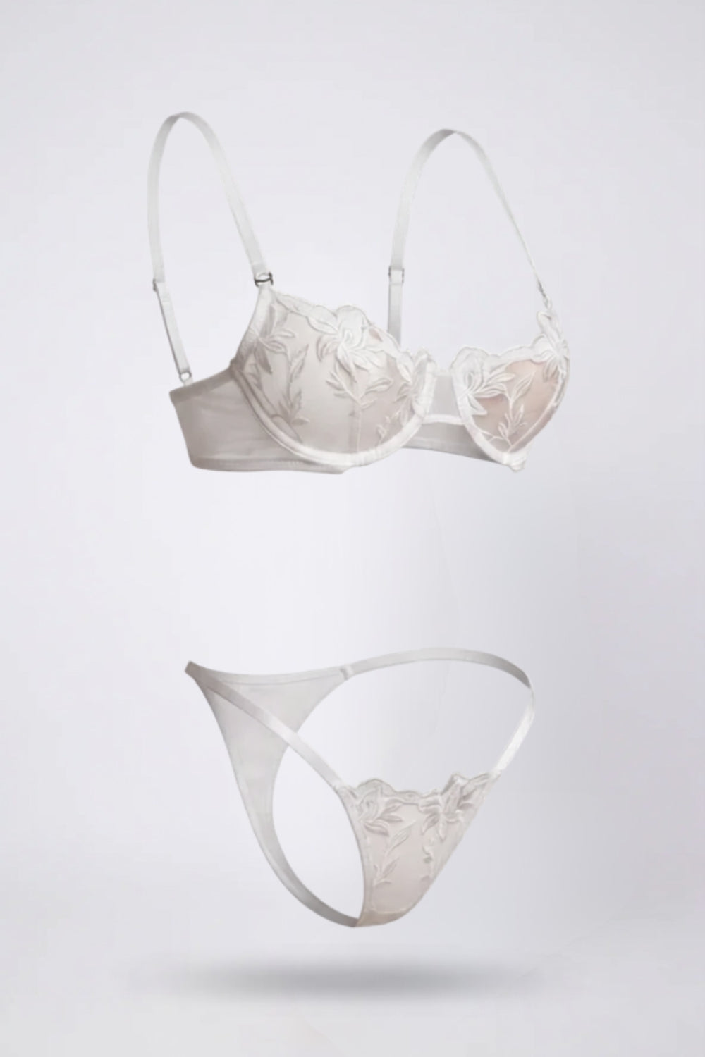 Elegant floral embroidery lingerie set in white#Color_White