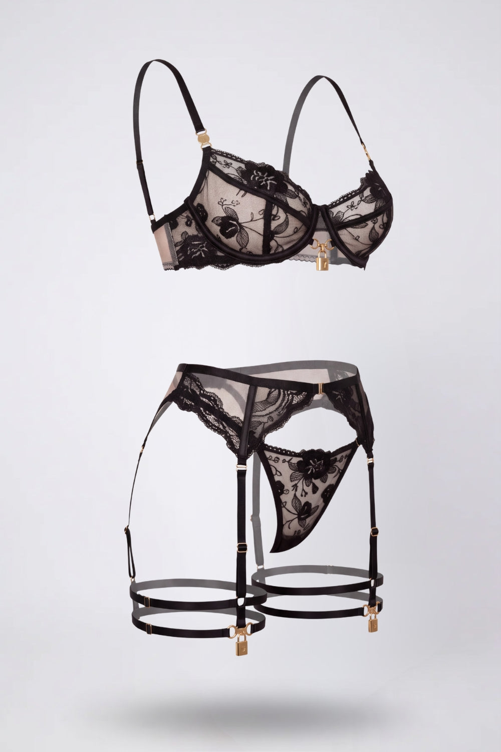 Embroidered garter lace four-piece lingerie set in black#Color_Black