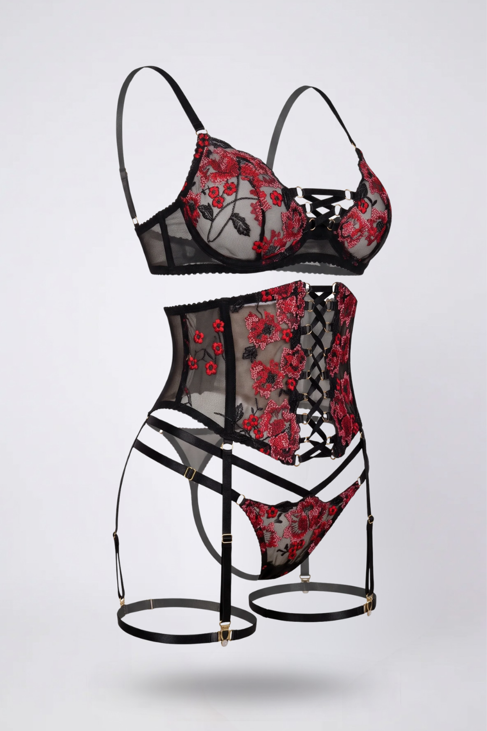 Embroidered lace corset four-piece lingerie set in black #Color_Black