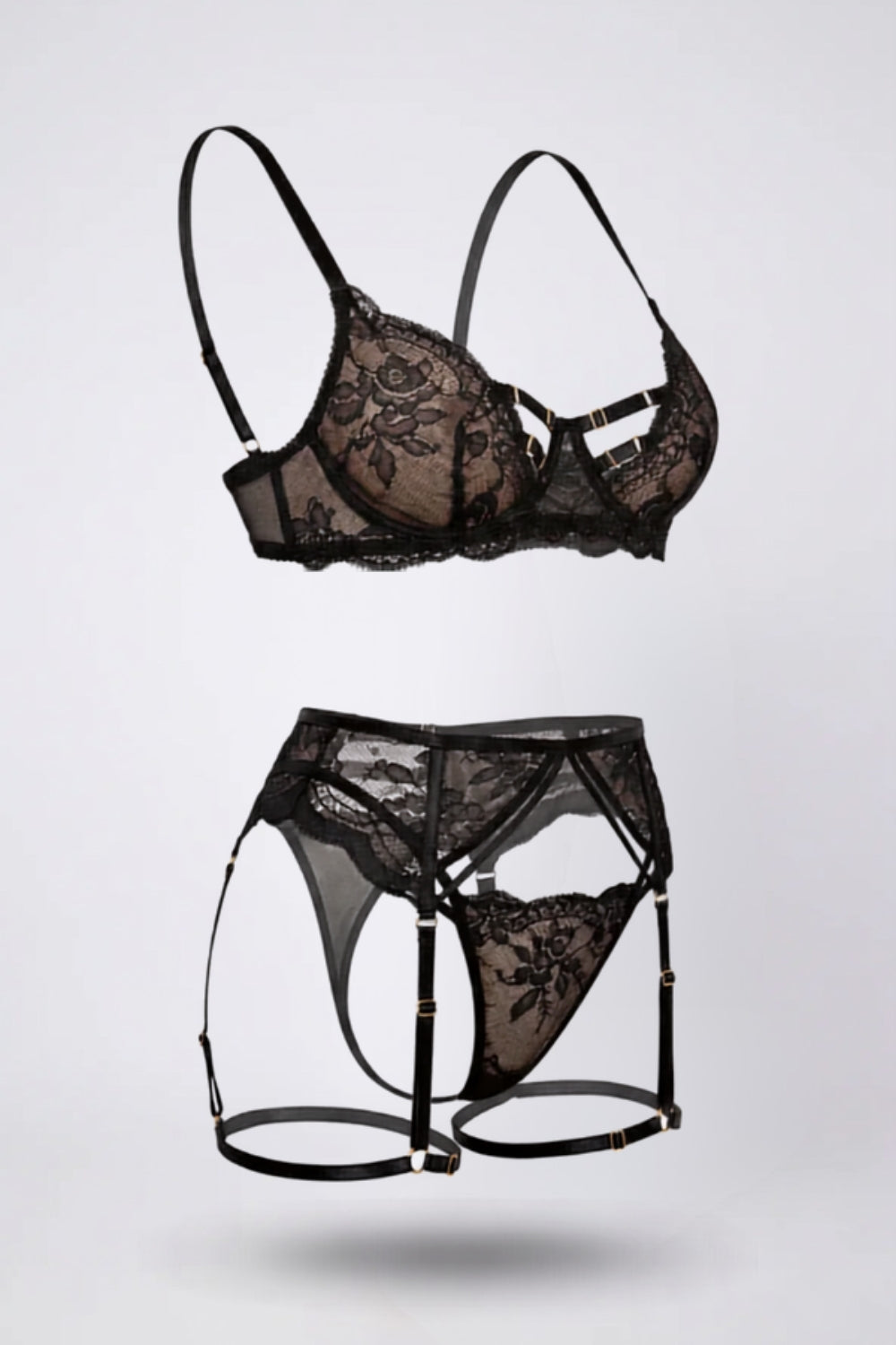 Embroidered lace cutout lingerie set in black #Color_Black