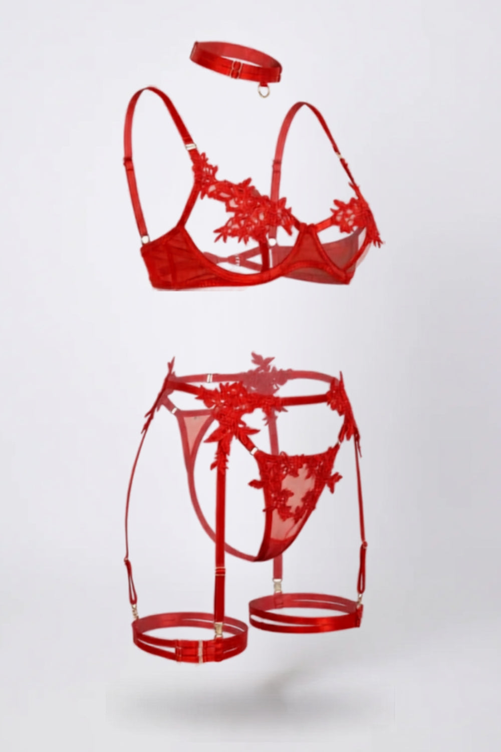 Floral appliqué seduction four-piece lingerie set in red#Color_Red