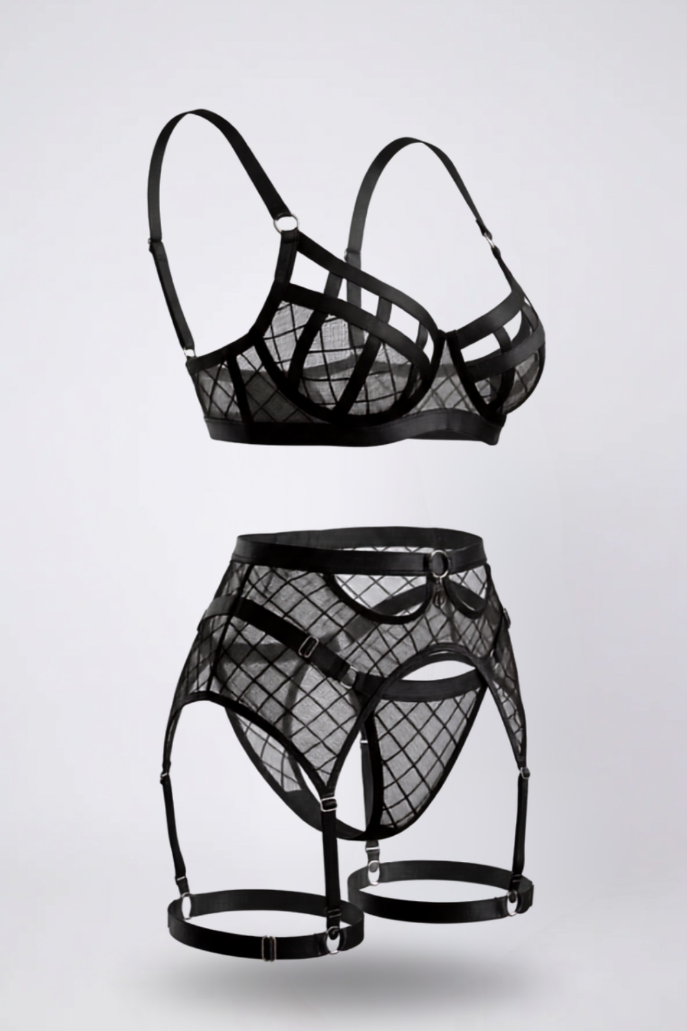 Geometric sheer mesh three-piece lingerie set in black#Color_Black