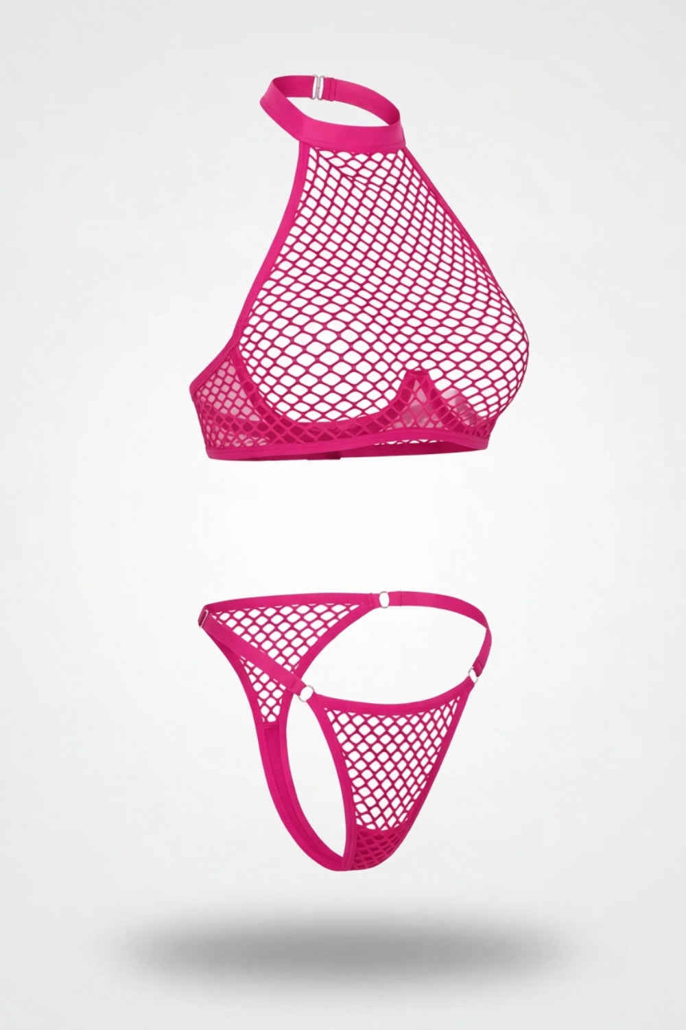High neck fishnet two-piece lingerie set in pink