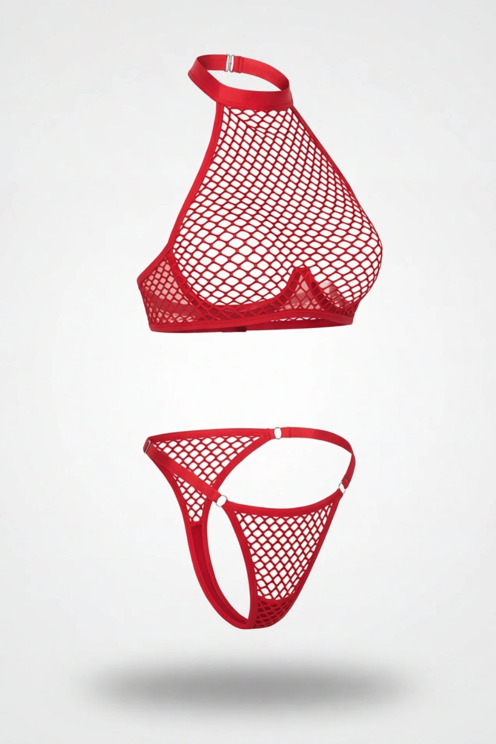 High neck fishnet two-piece lingerie set in red
