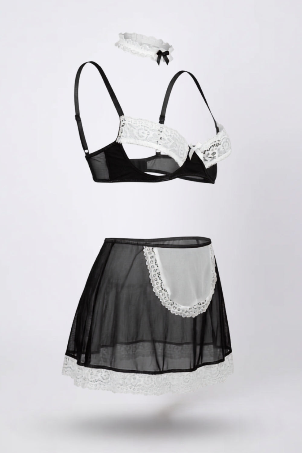 Lace trim charm three-piece lingerie set in black #Color_Black